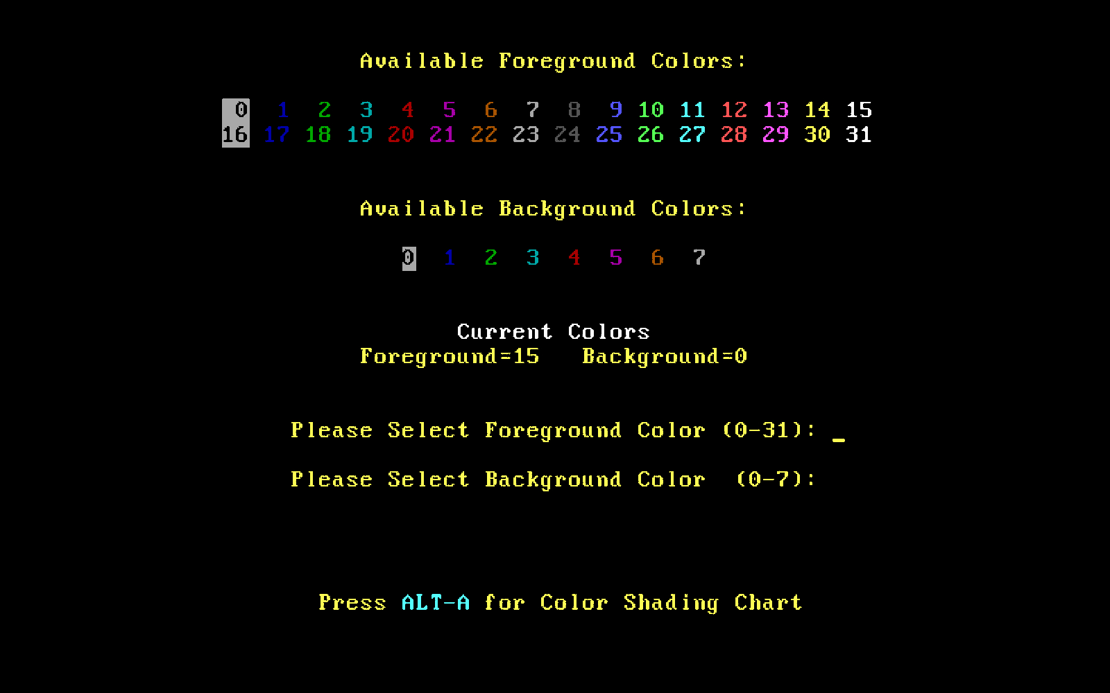 TheDraw color selection screen